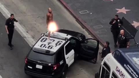 Naked man dances atop LAPD cruiser. (Hollywood)