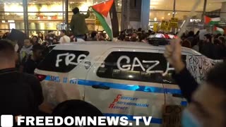 NYPD car attacked and tagged with “Free Gaza” and “IDF” outside of New York Times building.