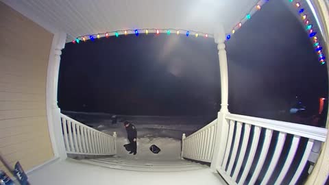 Man Slips And Falls On Snow Covered Stairs While Climbing Down