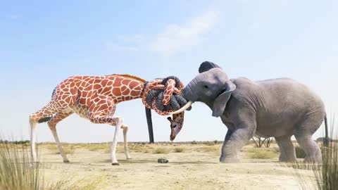 Elephant vs giraffe water fight