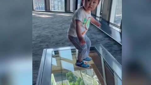 Hilarious moment a Japanese toddler reacts to a glass floor viewing platform of Tokyo streets