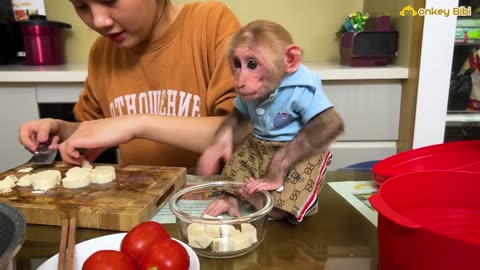 Bibi enlisted asked Mom to help cook tofu loves!