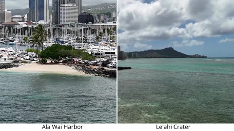 Split-screen Ala Wai Harbor and Le'ahi Crater