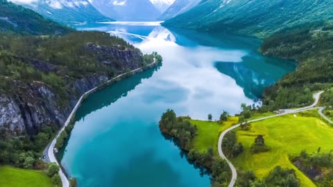 A stunning aerial view of scenic Lovatnet Lake in Norway