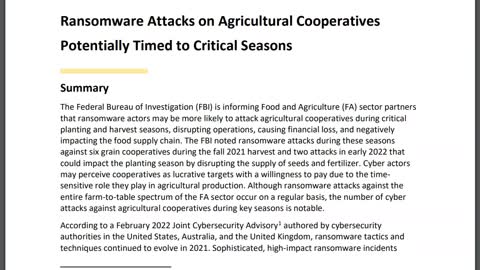 FBI Warns of Ransomware Attacks on Agricultural Cooperatives Potentially Timed to Critical Seasons
