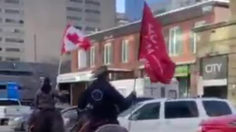 OTTAWA: A man on horseback waves a 'TRUMP 2024' flag as he rides past truckers and protesters at