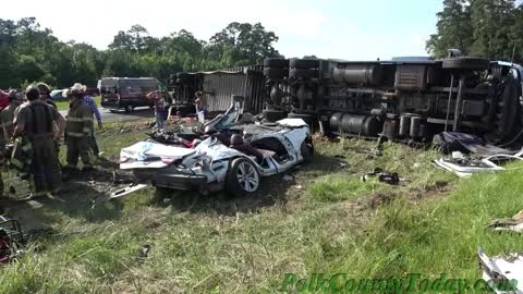 18 WHEELER CRASHES AND SLIDES OVER CAR, EVERYONE SURVIVES, CORRIGAN TEXAS, 06/13/21...