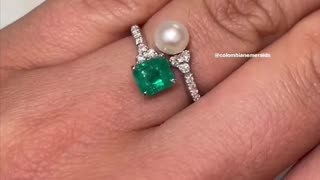 Toi Et Moi natural Pearl and emerald diamond accent two stone white gold custom ring