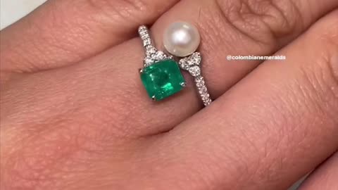 Toi Et Moi natural Pearl and emerald diamond accent two stone white gold custom ring