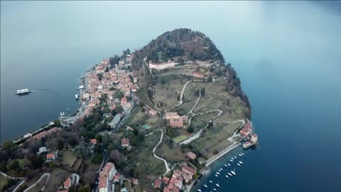 drone flying over bellagio lake como lombardy italy