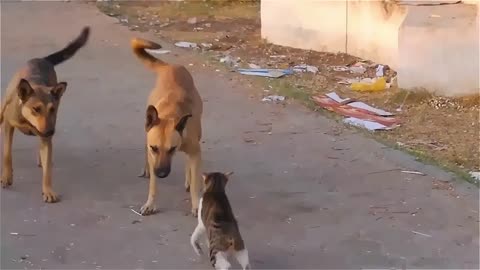 Cat wins two Dogs - battle - funny - cat heroes - cool cat