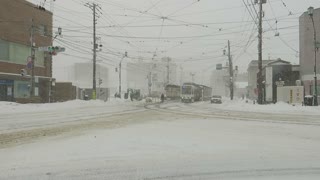 Hakodate Tram line during the snow storm