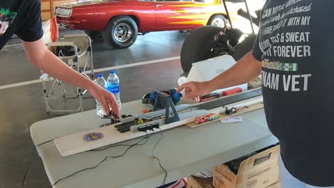 Racing Slot Cars in the Sunoco Garage at Daytona for the Spring Turkey Run
