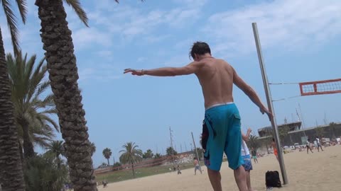 Beach Tight rope walker Barcelona Spain. Barcelona Spain 2014