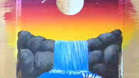 Waterfall scenery painting - Moonlight night scenery painting
