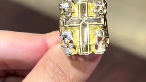 Men's Real Gold Nugget Cross Ring with Skulls