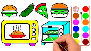 Drawing and Coloring for Kids - How to Draw Microwave, Burger, Hot Dog, and Pizza