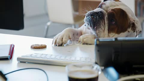 Bulldog trying to reach a cookie.