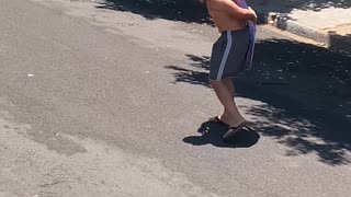 Dad Helps Mermaid Across the Street