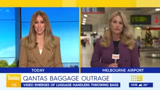 Qantas baggage handlers recklessly slam bags onto carousel | 9 News Australia