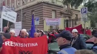 Albania: kosovo supporters wave US, EU flags outside Serbian embassy