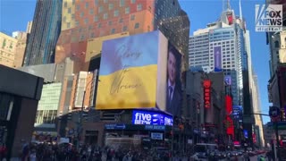 Greeting message for Zelensky in NY.. but instead of Glory to Ukraine, the flag read Glory to urine!