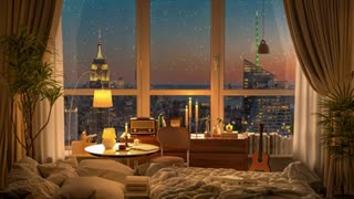 Cozy Bedroom with A Night View of New York | Snow On Window | Smooth Piano Jazz Music | Relax, 🔴