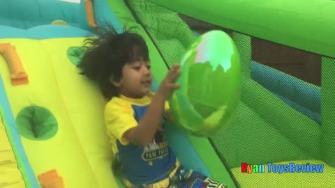 HUGE EGGS Surprise Toys Challenge with Inflatable water slide