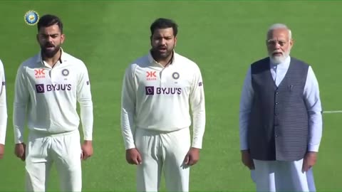 PM Modi _ PM Albanese during National Anthems at Narendra Modi Stadium - Ind vs Aus- 4th Test Match