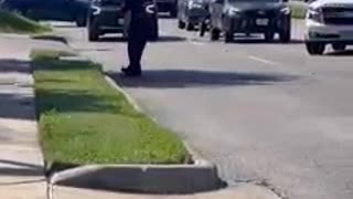 Police officer in Webster, TX stops traffic to escort a mother duck & duckings across a busy road.