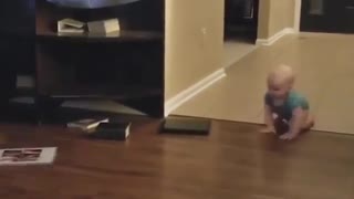 Funny baby with dog at home