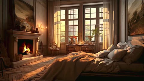 Relaxing Bedroom with Cozy Fireplace on an Autumn Afternoon