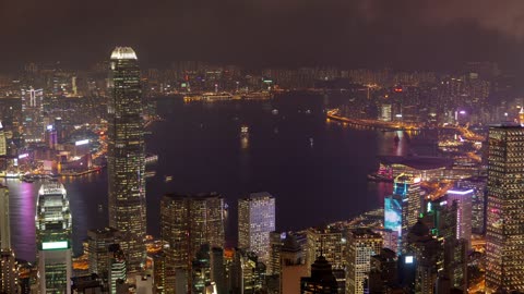 Aerial shot of Hong Kong harbor at night