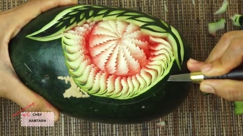 Leaf and flower watermelon carving design | fruit carving