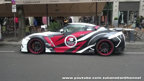 Prior Design Nissan GT-R in the Königsallee. Start up, Acceleration, Idle, Walkaround