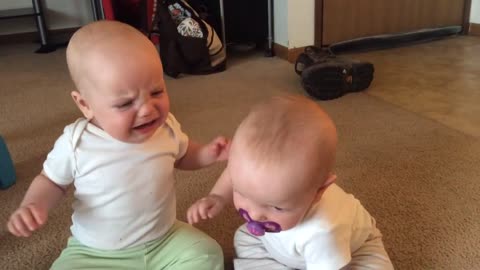 Twins baby girls fight over pacifier