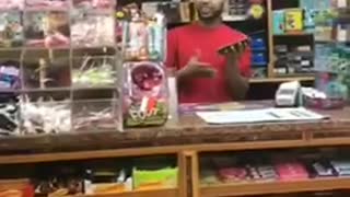 Kids throwing stuff at guy in red shirt cashier liquor store