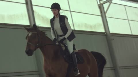 Woman riding horse around the indoor paddock