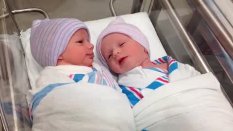 Newborn (one-hour-old) twins have first "conversation"