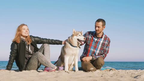 Young caucasian couple on beach with siberian husky dog, slow motion