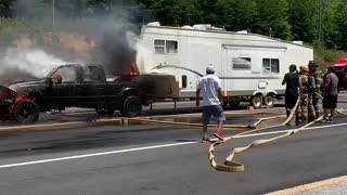 Truck Engulfed in Flames Rolls into Fire Truck