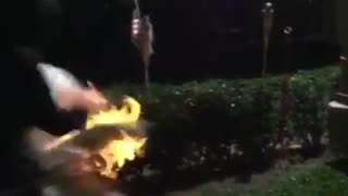 Army jacket lit on fire freak out