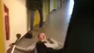 Guy on crutches hand stand flips and falls hallway