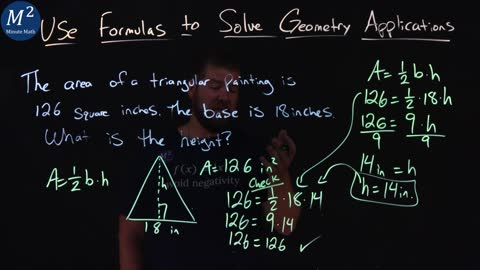 Use Formulas to Solve Geometry Applications | A=(1/2)bh and find h | Minute Math