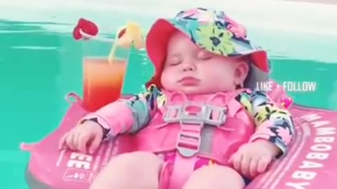 Cute baby girl sleeping and swimming pool🥰