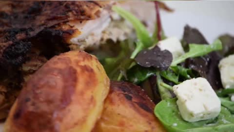 Roast Chicken with Potatoes in Mustard and Pepper Sauce with Tofu Salad