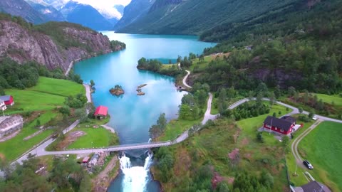 beautiful nature norway natural landscape aerial footage lovatnet lake