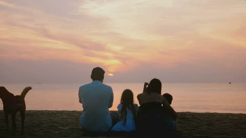 shot of happy family sit together watching amazing sunset on epic sea beach, two dogs playing by