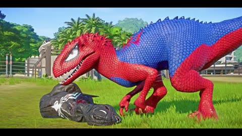 Spiderman Indominus REX, Venom, Captain America, Iron Man Dino Fight - Jurassic World Evolution