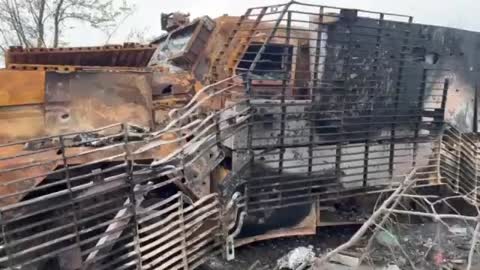 A Russian tank destroyed a Ukrainian Mastiff armored vehicle